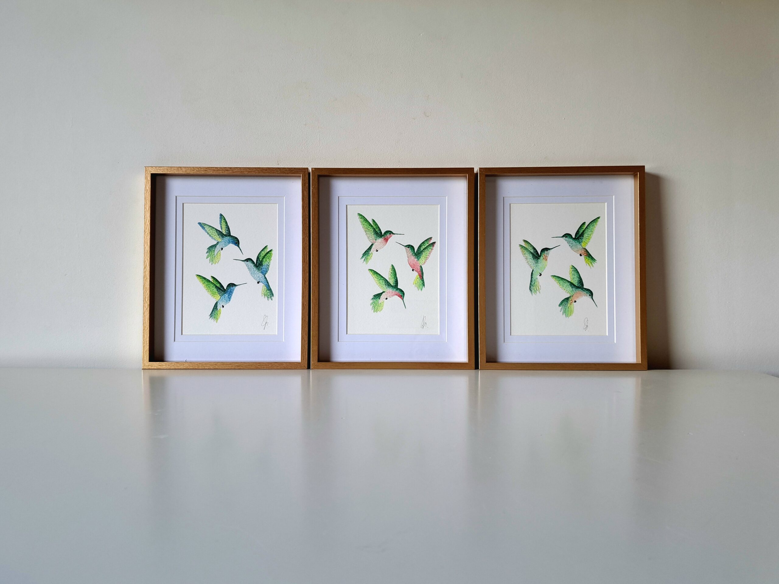 Aquarel schilderij drieluik kolibires